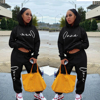 European And American Fashion Women's Wear Drawstring Printed Hooded Long Sleeve Trousers Two-piece Set