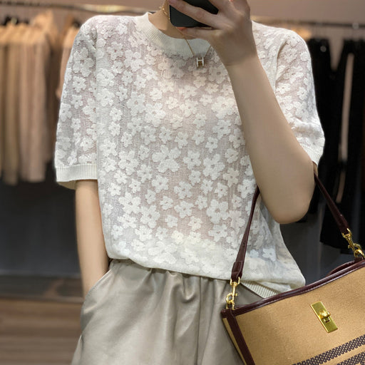 sheer crochet floral jacquard half-sleeve tee - MRSLM