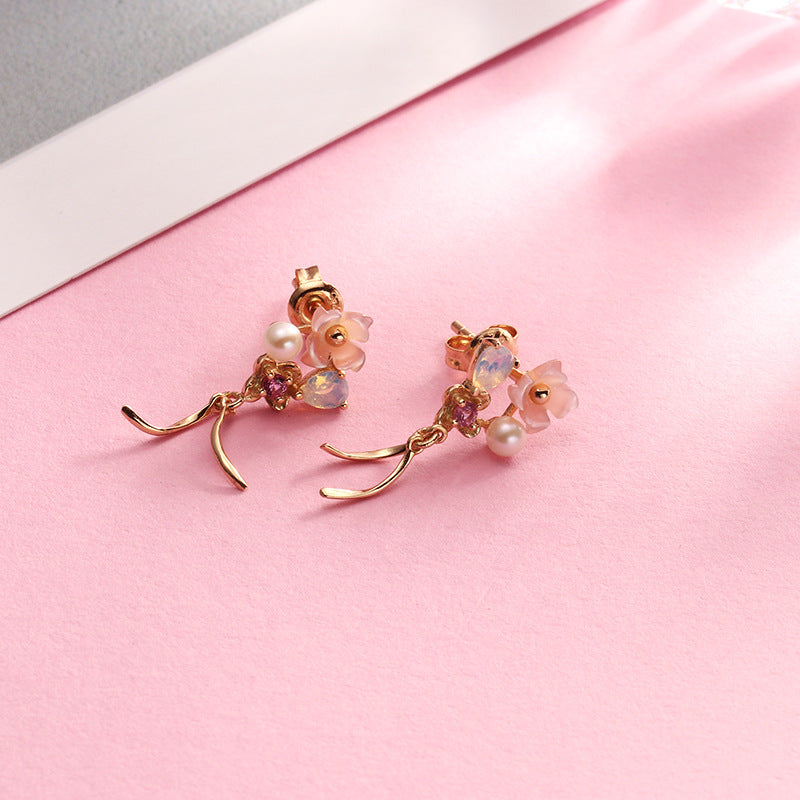 gold plated silver pink shell ribbon tassel earrings, view 3 - MRSLM