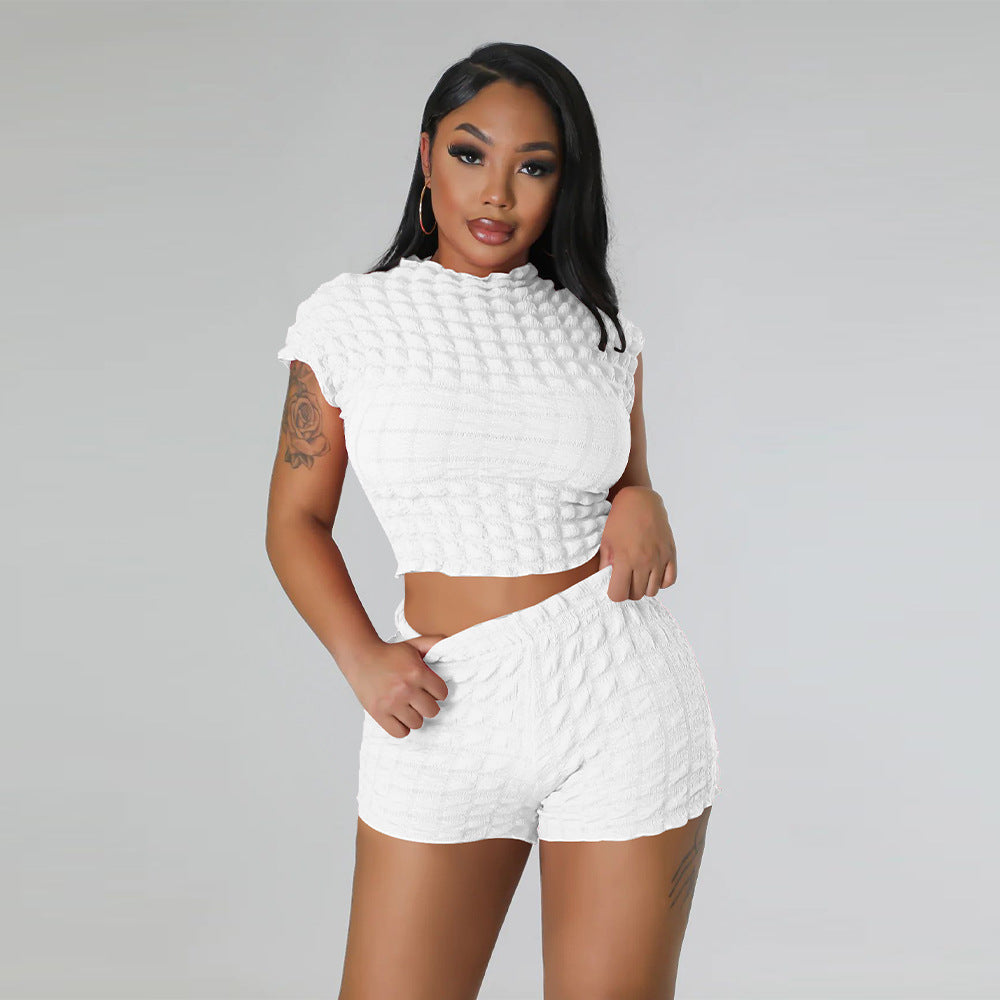 Women's Clothing Hot Sleeveless Midriff-baring Shorts Popcorn Bubble Two-piece Set