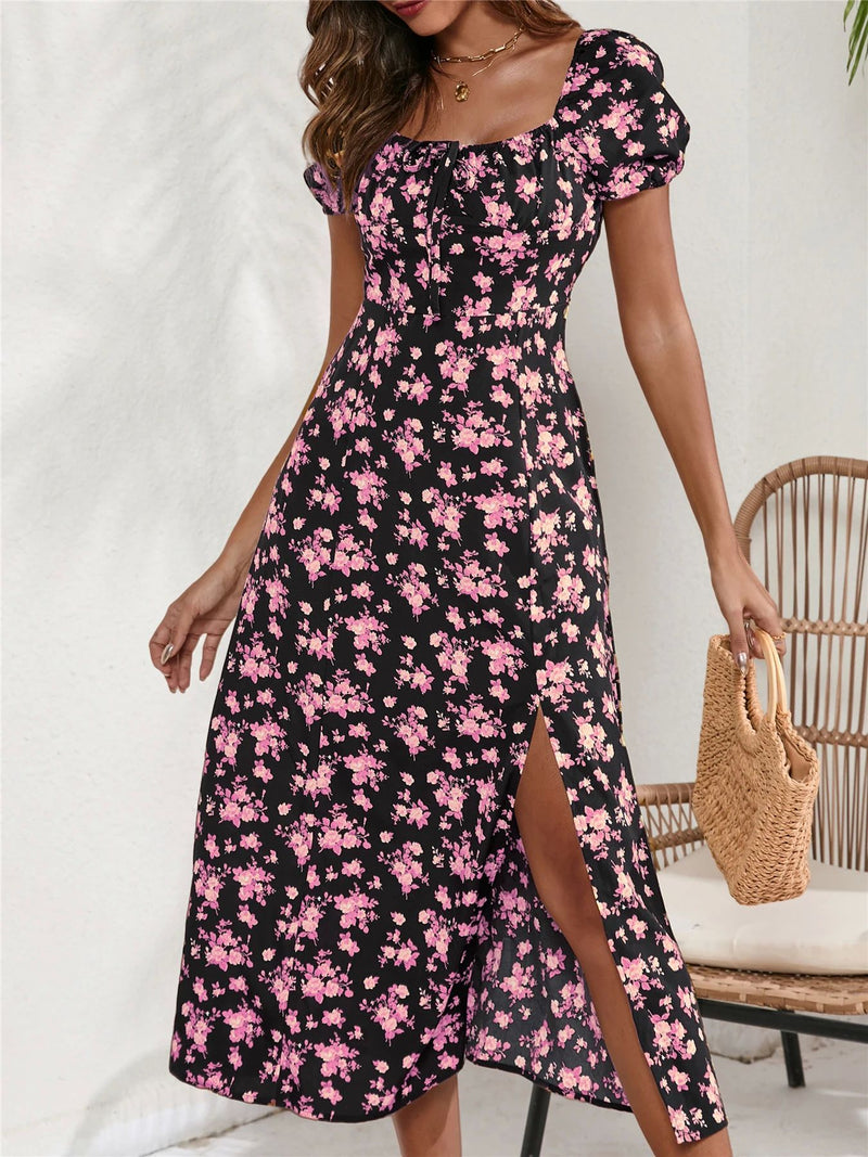 Women's printed long strapless dress, view 3 - MRSLM