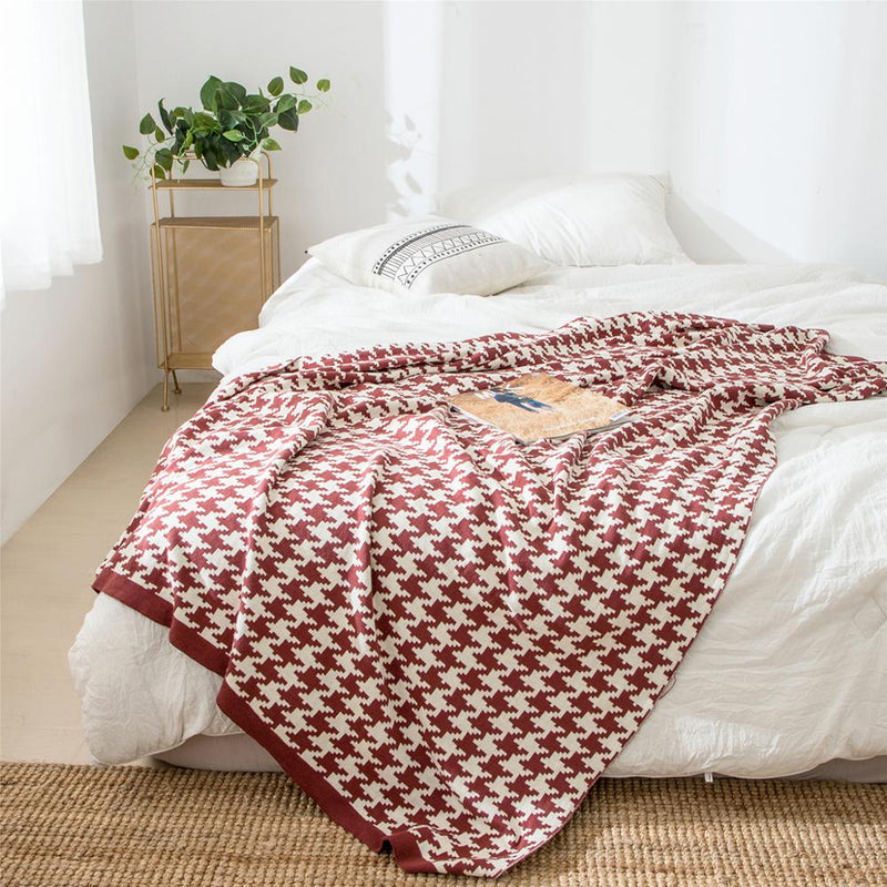 classic houndstooth plaid cotton knitted blanket, view 5 - MRSLM