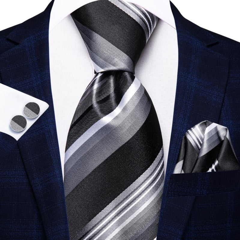 Black grey striped silk necktie set, view 3 - MRSLM