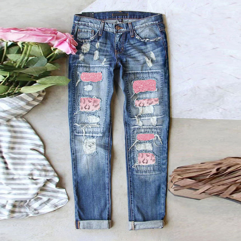 Women's Ripped Jeans with Printed Patch, Casual Trousers