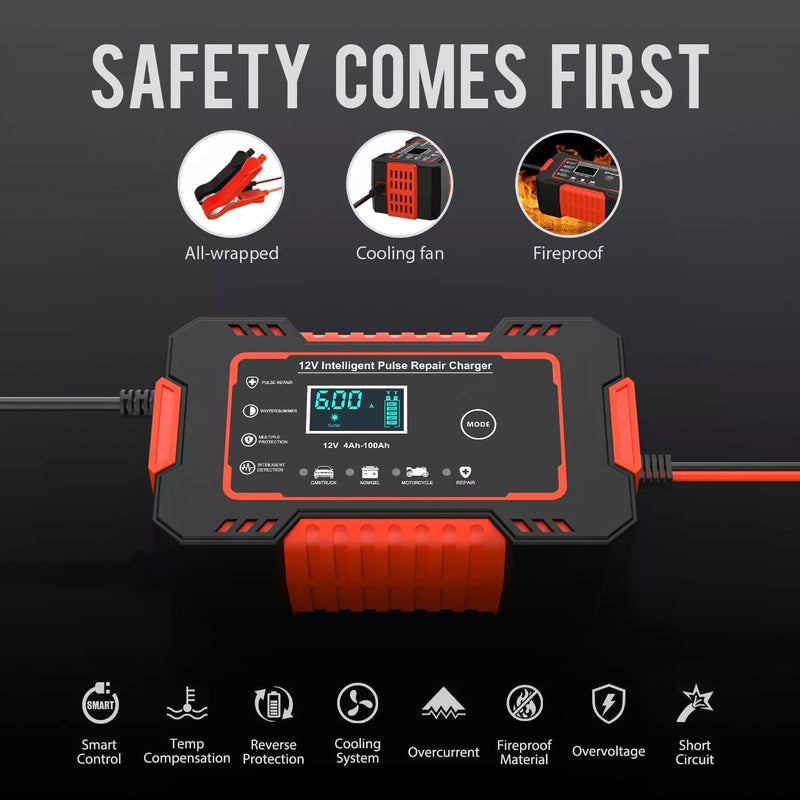 12V Automatic Battery Charger with Digital Display - Power Pulse Repair for Wet & Dry Lead Acid Batteries