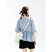 blue plaid puff sleeve shirt, view 5 - MRSLM