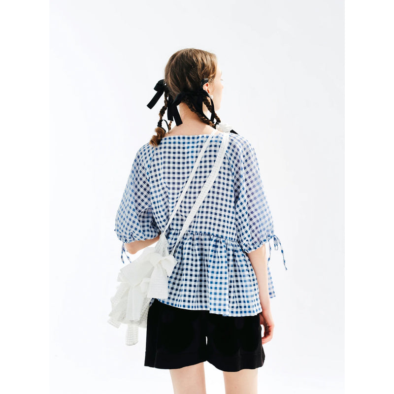 blue plaid puff sleeve shirt, view 5 - MRSLM