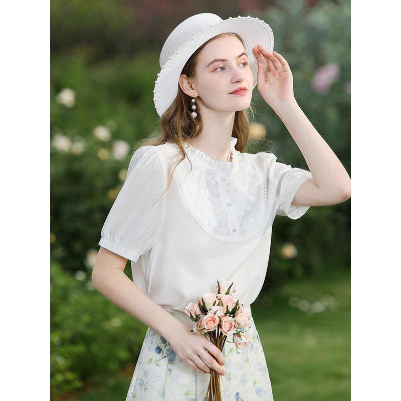 white lace puff sleeve blouse, view 4 - MRSLM