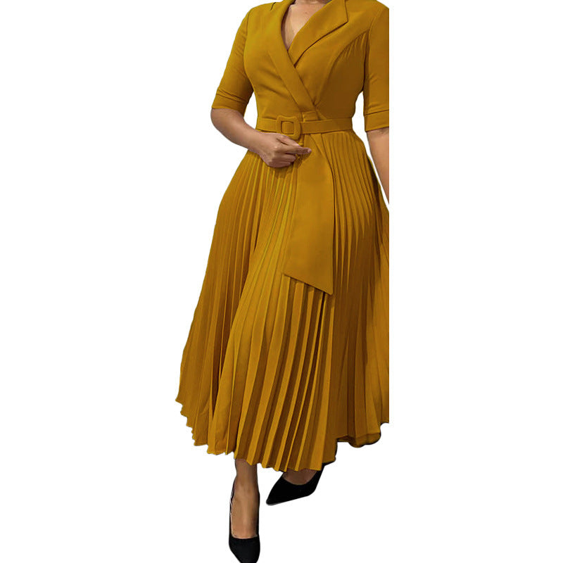 Women's tailored collar pleated waist dress, view 5 - MRSLM