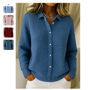 women's button knit lapel cardigan sweater, view 3 - MRSLM