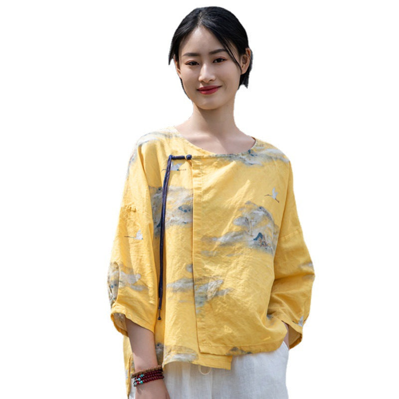 Retro Crew Neck Linen Printed Diagonal Buckle Zen Shirt