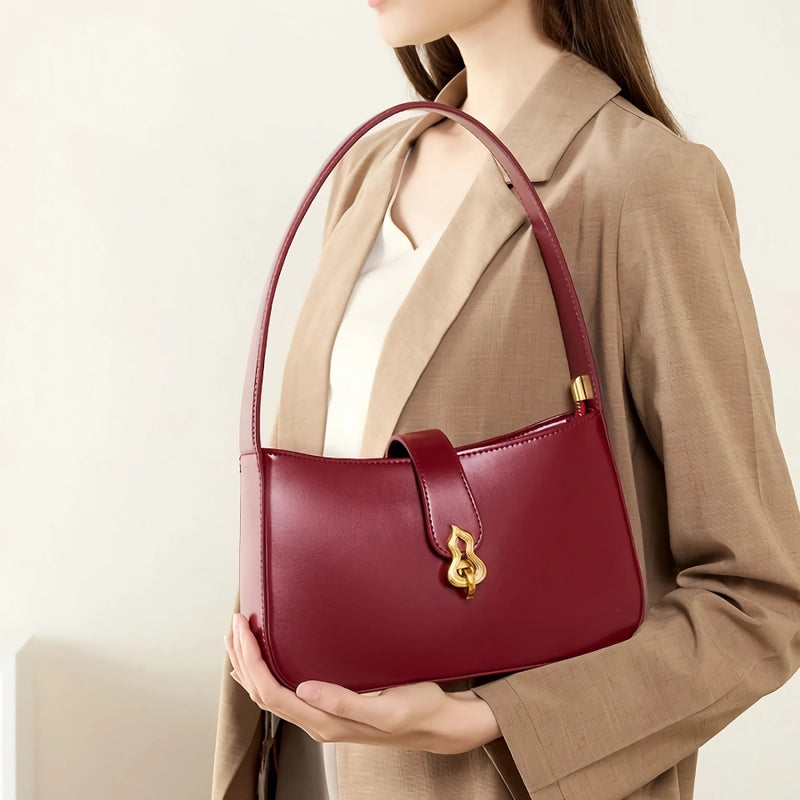wine red genuine leather half moon shoulder bag, view 9 - MRSLM