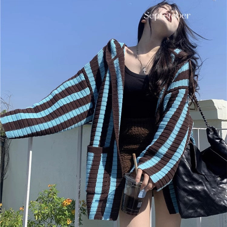 women's striped hooded v-neck cardigan - MRSLM