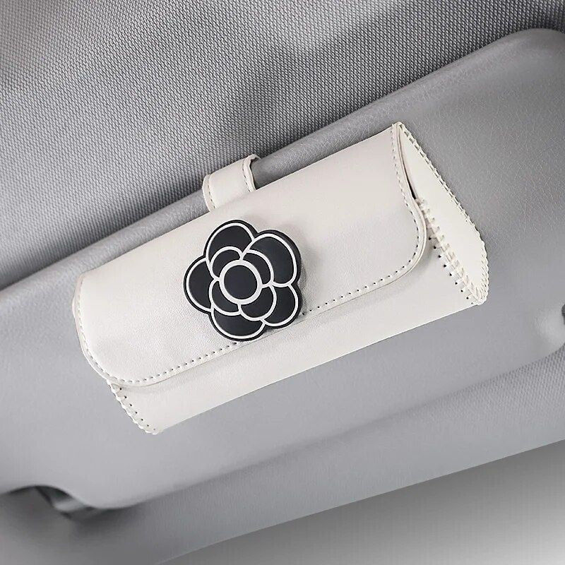camellia flower leather car visor sunglasses holder, view 5 - MRSLM