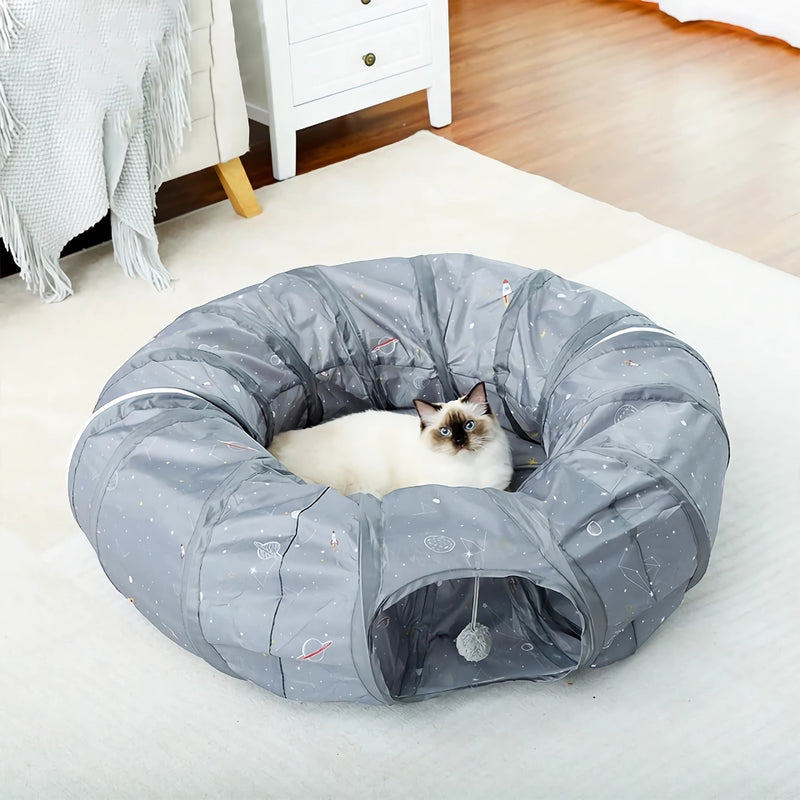 collapsible cat tunnel toy with mat, view 3 - MRSLM