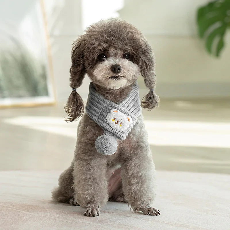 dog knitted scarf with fuzzy pompom, view 3 - MRSLM