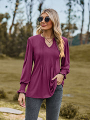 women's puff sleeve smocked v-neck top, view 6 - MRSLM