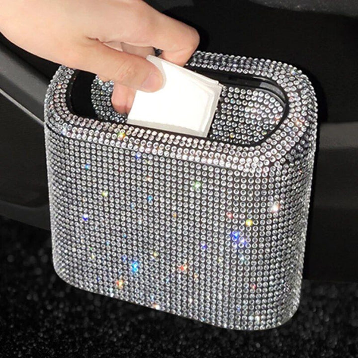 Luxurious Rhinestone Car Trash Bin - Pressing Type Square Storage Bucket