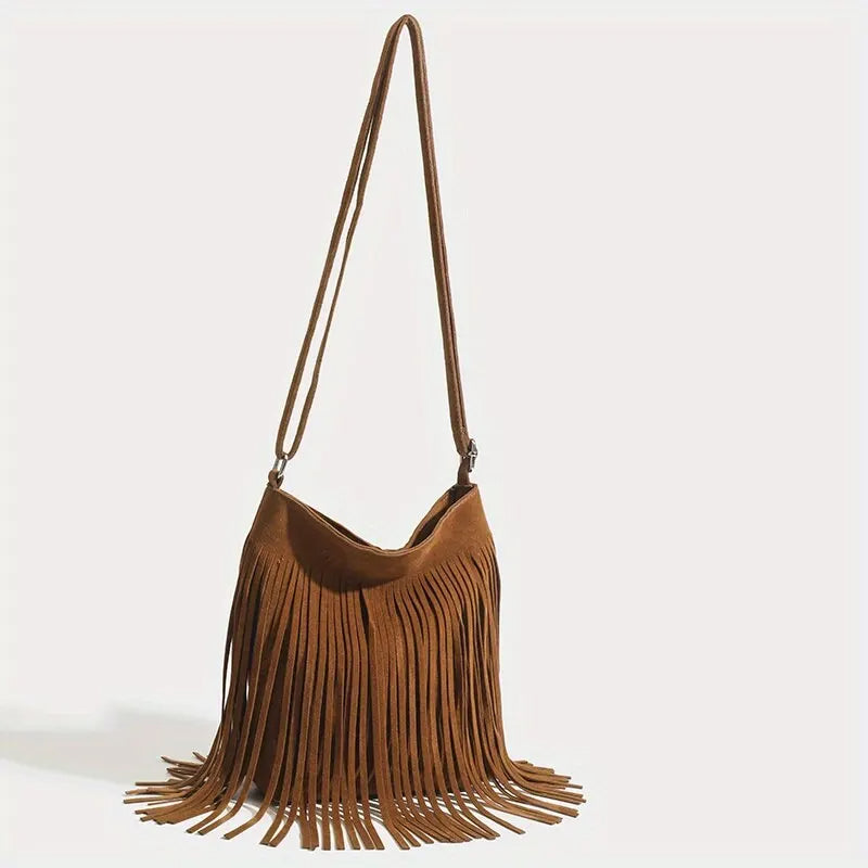 vintage faux suede fringe crossbody bag, view 5 - MRSLM