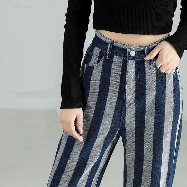 high waist vintage stripe wide-leg jeans, view 6 - MRSLM