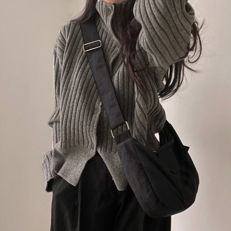 women's high neck ribbed cardigan sweater, view 5 - MRSLM