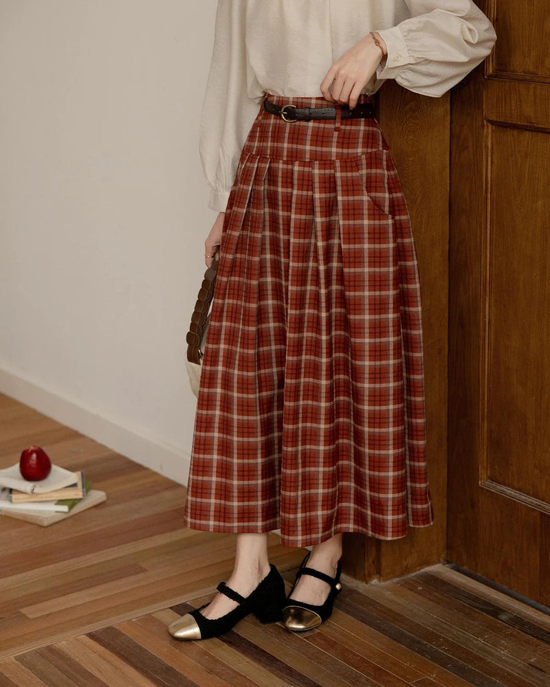 red plaid pleated midi skirt, view 4 - MRSLM