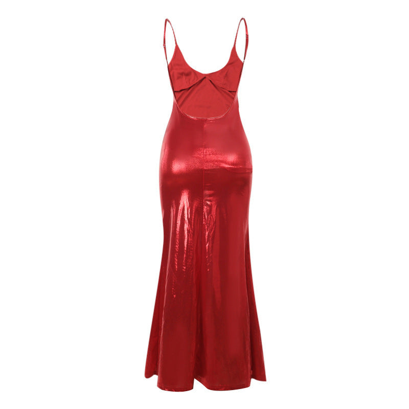 slim-fit sling gloss dress, view 5 - MRSLM