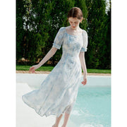 blue floral mid-calf dress, view 2 - MRSLM