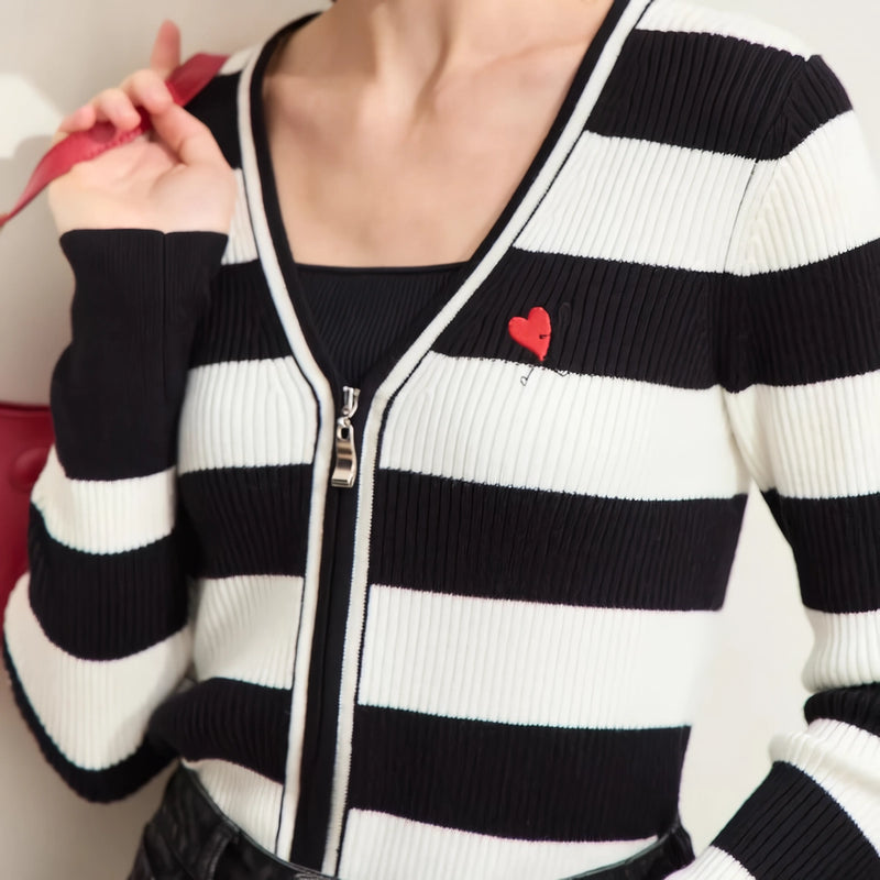 striped V-neck zip cardigan, view 2 - MRSLM