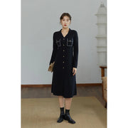 black v-neck knitted a-line dress, view 6 - MRSLM