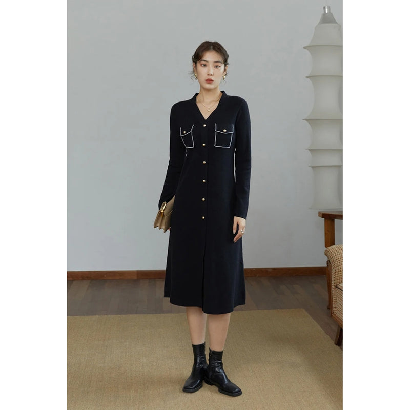 black v-neck knitted a-line dress, view 6 - MRSLM