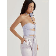 purple off-shoulder ruched bodysuit, view 4 - MRSLM