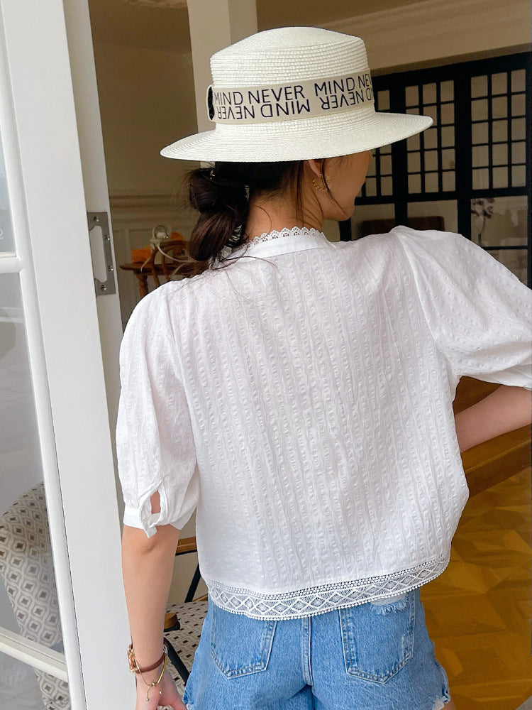 women's white embroidered cotton shirt, view 7 - MRSLM