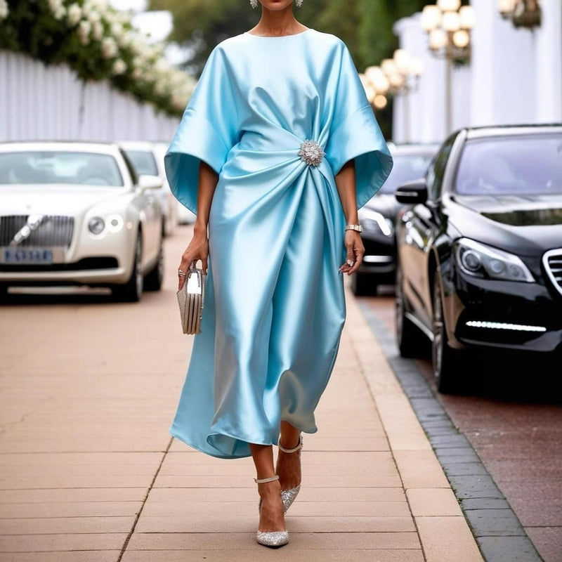 women's satin long dress with flower beads, view 2 - MRSLM