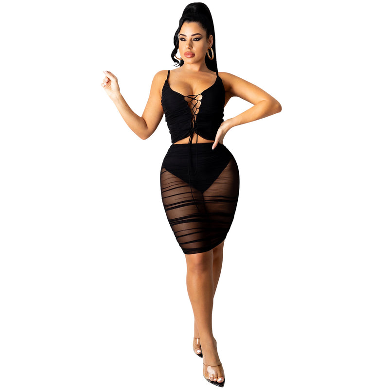 women's sling vest and lace-up pleated skirt set, view 5 - MRSLM