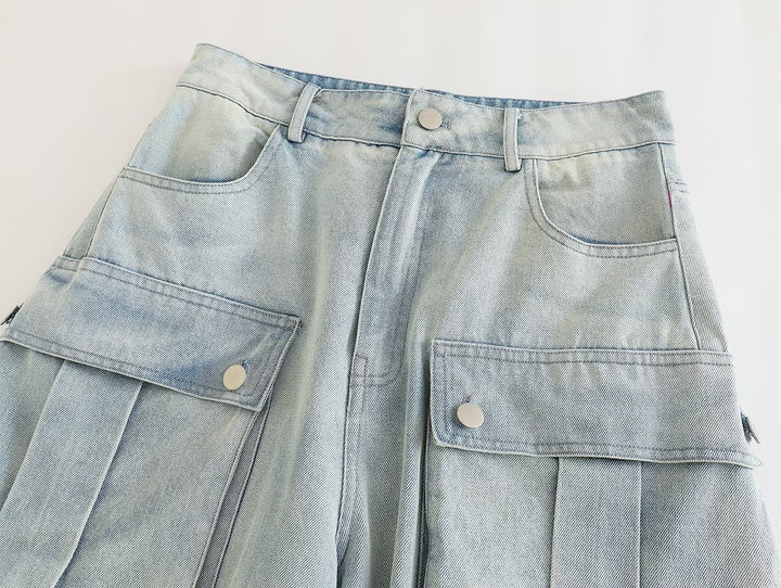 Multi-pocket Overalls Mid-waist Jeans