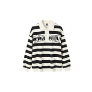 oversized waffle striped polo collar sweatshirt, view 3 - MRSLM