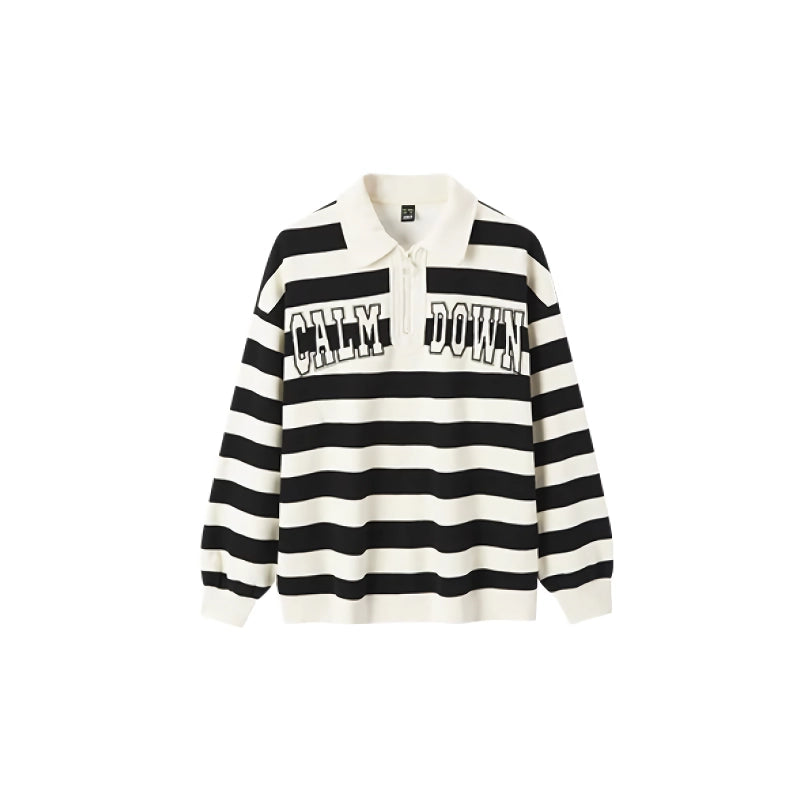 oversized waffle striped polo collar sweatshirt, view 3 - MRSLM