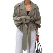 women's olive lapel lace-up trench coat, view 5 - MRSLM