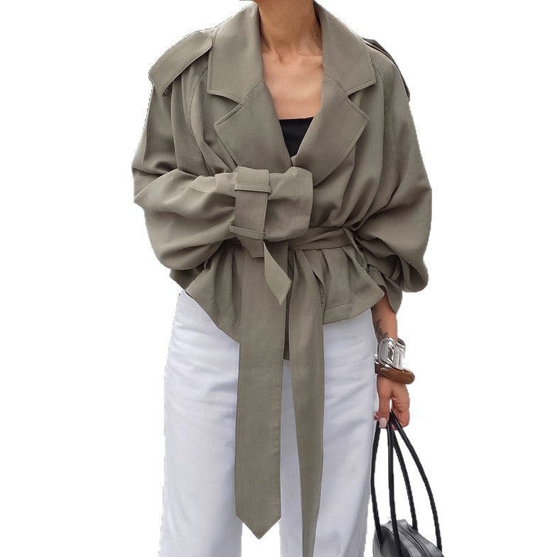 women's olive lapel lace-up trench coat, view 5 - MRSLM