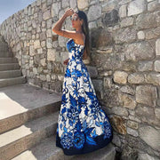 blue printed sling dress, view 2 - MRSLM