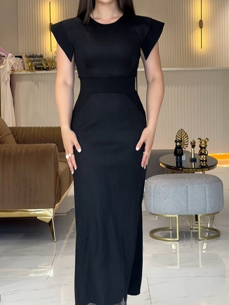 patchwork round neck maxi dress, view 3 - MRSLM