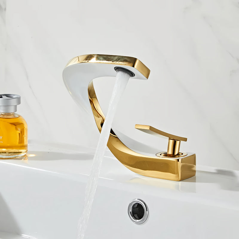 brass gold and white bathroom basin faucet, view 5 - MRSLM