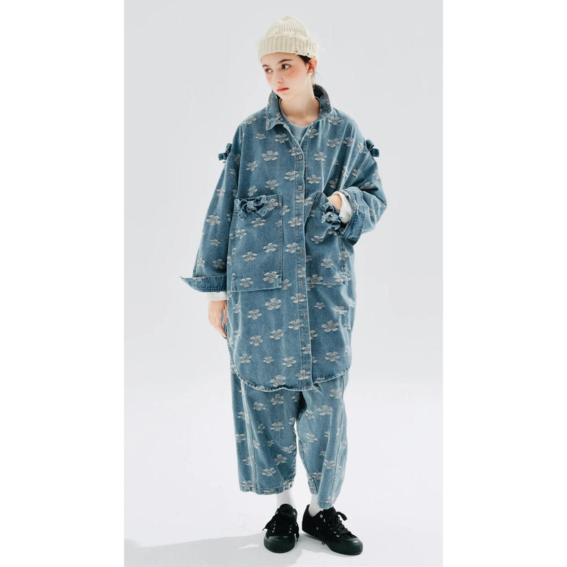 Floral jacquard denim long shirt coat, view 6 - MRSLM