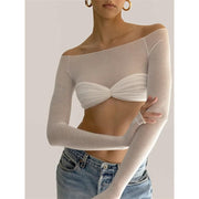 off-shoulder mesh crop top, view 6 - MRSLM