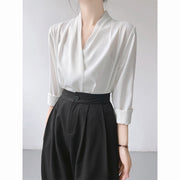 women's v-neck satin shirt top, view 10 - MRSLM