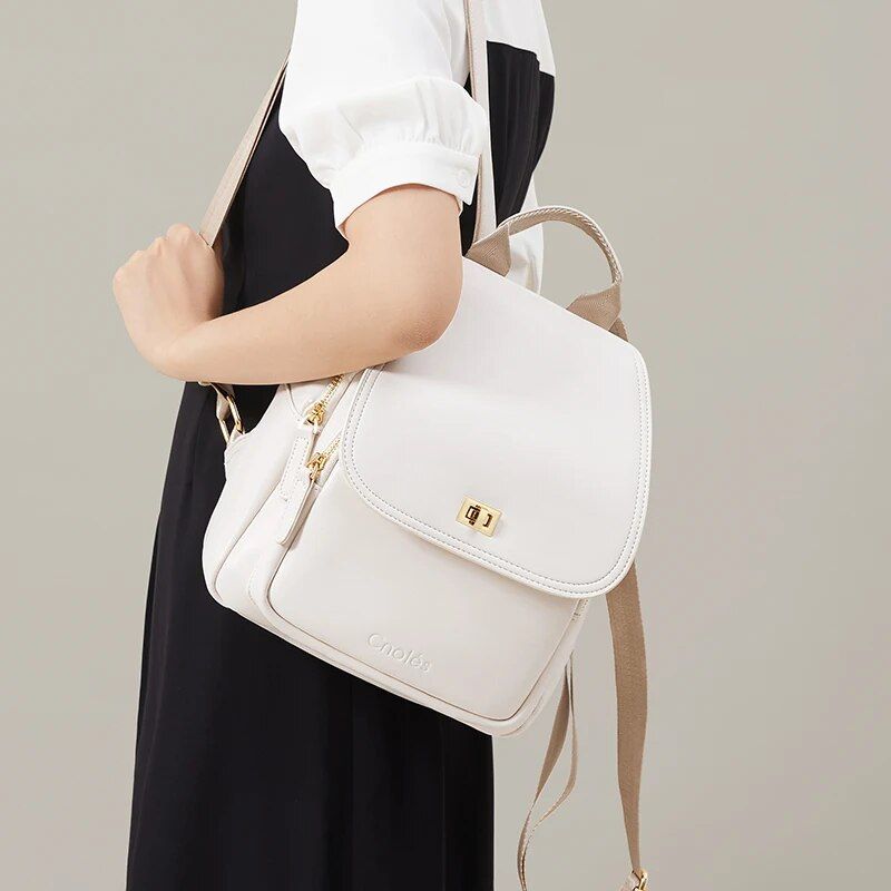 Trendy Cream Leather Backpack for Women