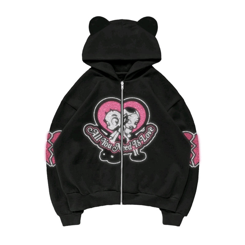 cute bear glitter print black sweater, view 3 - MRSLM