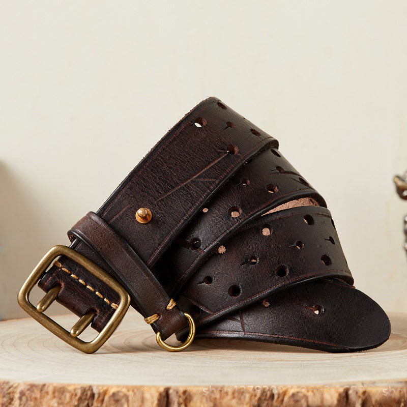 men's genuine leather double buckle belt, view 4 - MRSLM