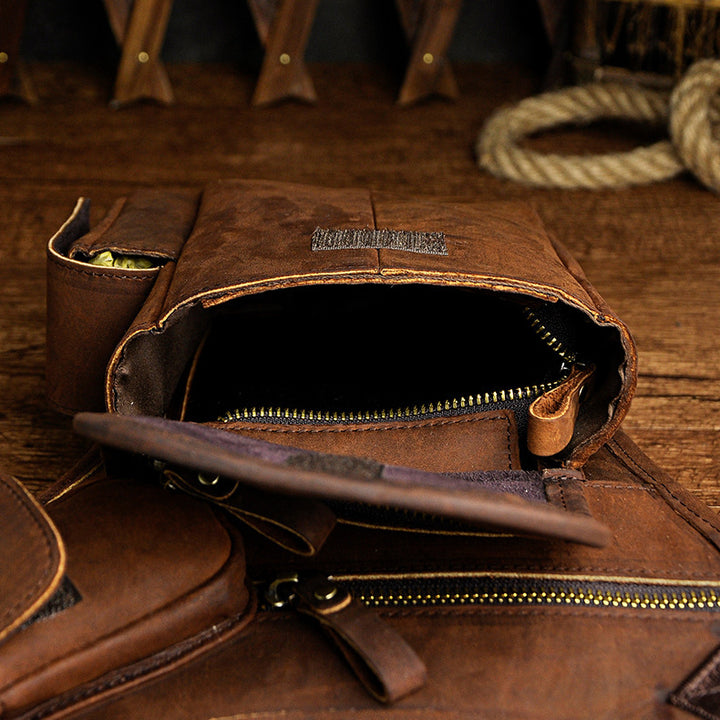 First Layer Oil Waxed Leather Cowhide Vintage Men's Outdoor Leg Bag Waist Bag